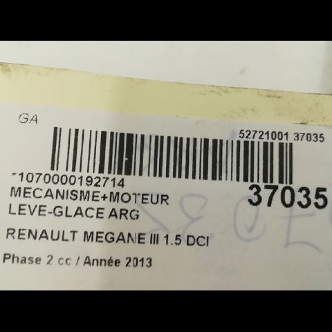 Mecanisme+moteur leve-glace arg occasion RENAULT MEGANE III Phase 2 01-2012->06-2014 1.5 DCI 90ch 827210003R 3