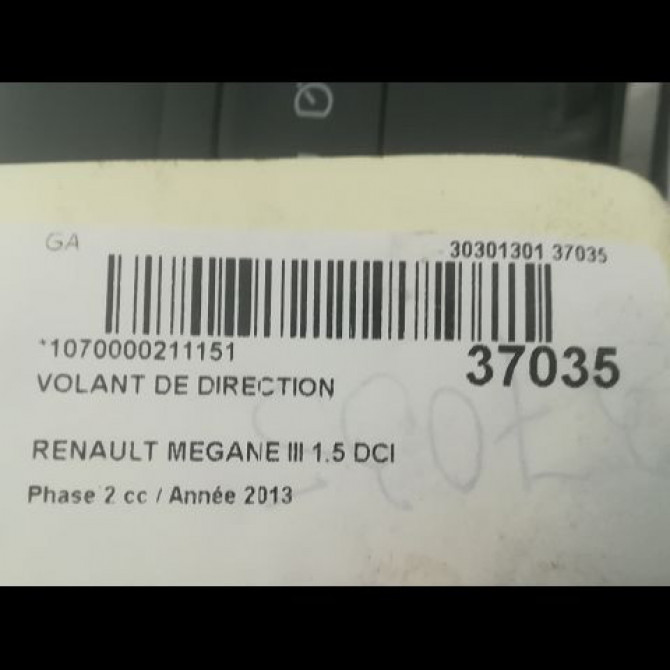 Volant de direction occasion RENAULT MEGANE III Phase 2 01-2012->06-2014 1.5 DCI 90ch 484003397R 3