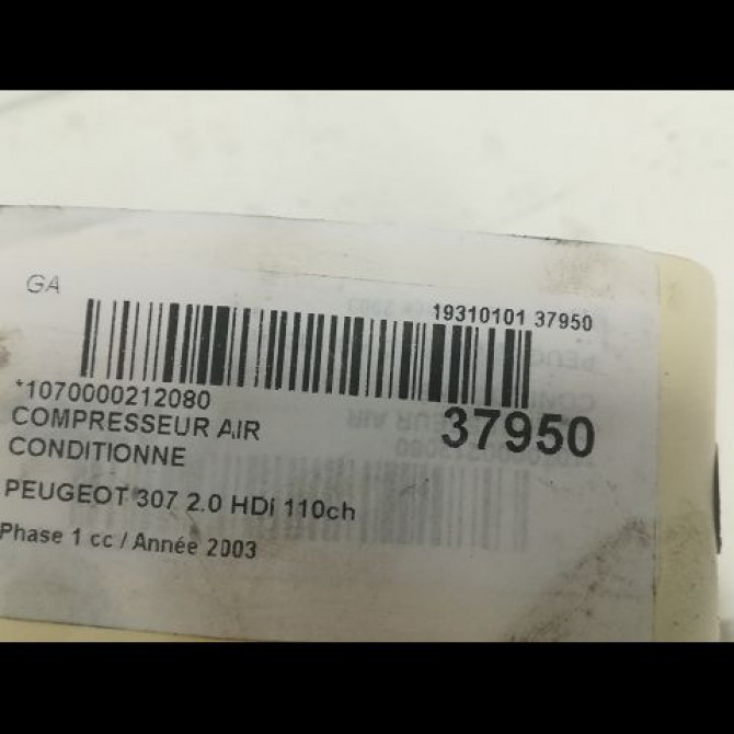 Compresseur air conditionne occasion PEUGEOT 307 Phase 1 04-2001->06-2005 2.0 HDI 110ch 6453LA 4