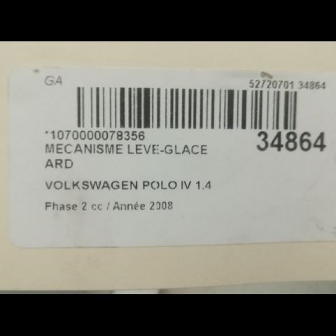 Mecanisme leve-glace arrière droit occasion VOLKSWAGEN POLO IV Phase 2 05-2005->09-2009 1.4 TDI 70ch 6Q4839462E 3