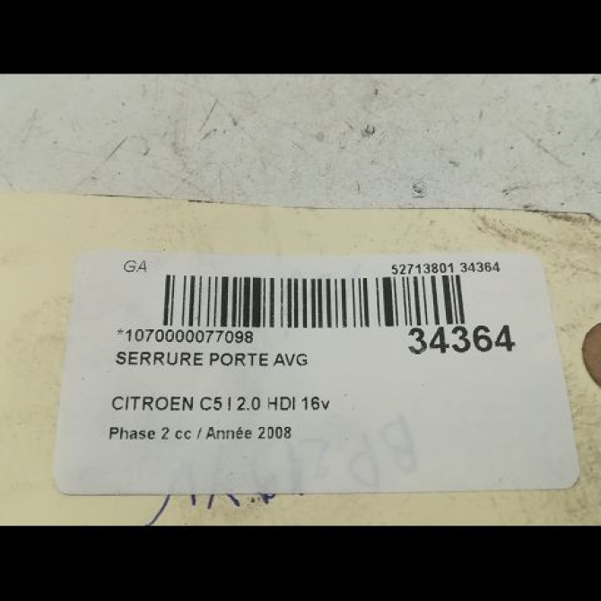 Serrure porte avg occasion CITROEN C5 I Phase 2 09-2004->06-2008 2.0 HDI 16v 138ch 3