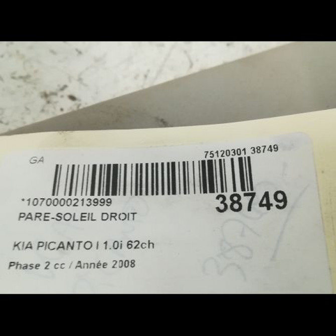 Pare-soleil droit occasion KIA PICANTO I Phase 2 01-2008->03-2011 1.0i 62ch 8522007490ED 3