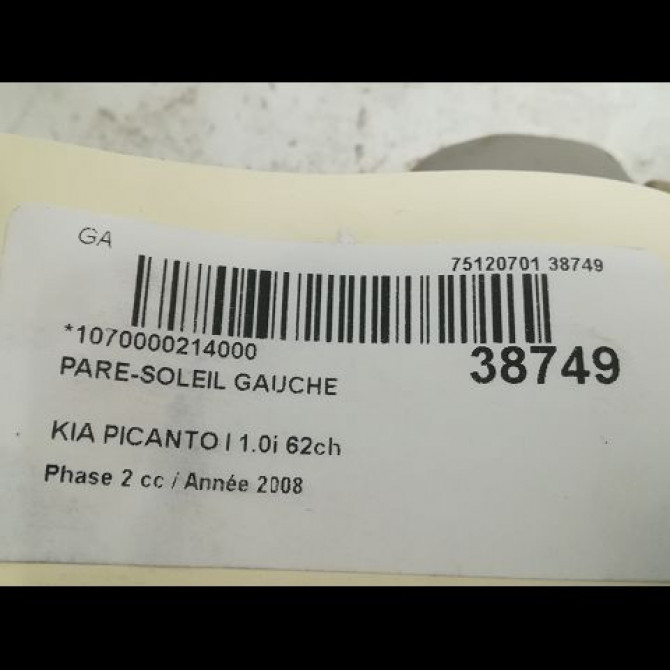 Pare-soleil gauche occasion KIA PICANTO I Phase 2 01-2008->03-2011 1.0i 62ch 8521007480ED 3