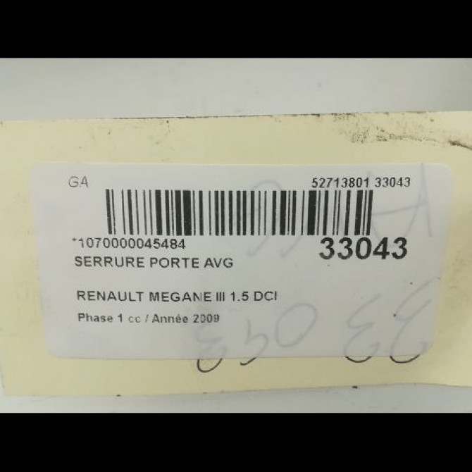 Serrure porte arg occasion RENAULT MEGANE III Phase 1 11-2008->01-2012 1.5 DCI 105ch 825030002R 5