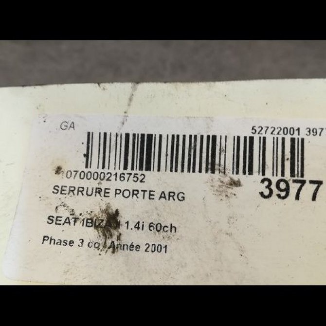 Serrure porte arg occasion SEAT IBIZA II Phase 3 09-1999->03-2002 1.4i 60ch 6K4839015H 3