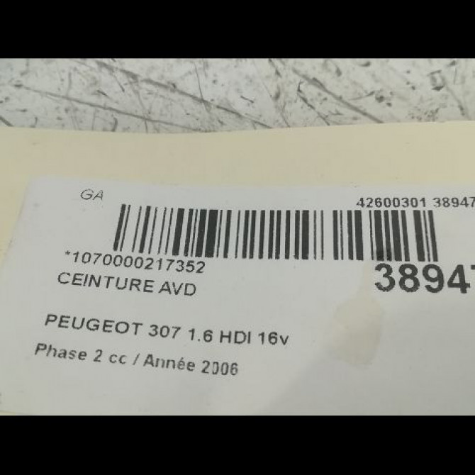 Ceinture avant droite occasion PEUGEOT 307 Phase 2 06-2005->03-2008 1.6 HDI 16v 90ch 8974TQ 5