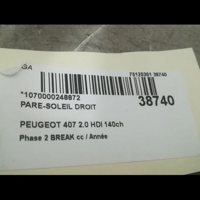 Pare-soleil droit occasion PEUGEOT 407 Phase 2 BREAK 07-2008->04-2011 2.0 HDI 140ch 3