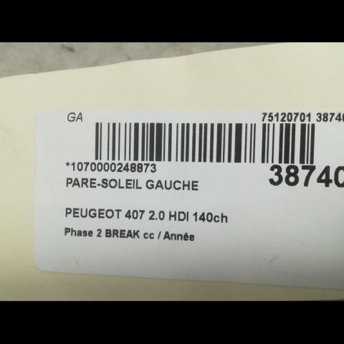 Pare-soleil gauche occasion PEUGEOT 407 Phase 2 BREAK 07-2008->04-2011 2.0 HDI 140ch 3