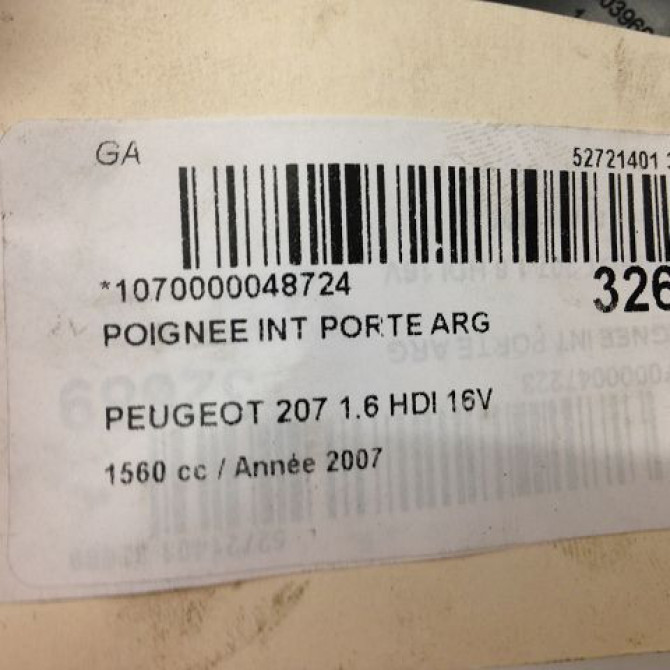 Poignee int porte arg occasion PEUGEOT 207 Phase 1 04-2006->06-2013 9143L8 4