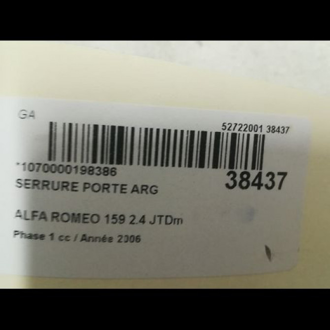 Serrure porte arg occasion ALFA ROMEO 159 Phase 1 09-2005->05-2013 2.4 JTDm 200ch 50502160 4