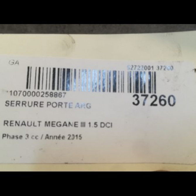Serrure porte arg occasion RENAULT MEGANE III Phase 3 10-2013->... 1.5 DCI 95ch 3
