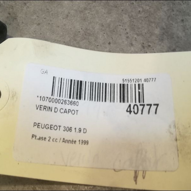 Verin d capot occasion PEUGEOT 306 Phase 2 04-1997->03-2002 1.9 D 792509 2