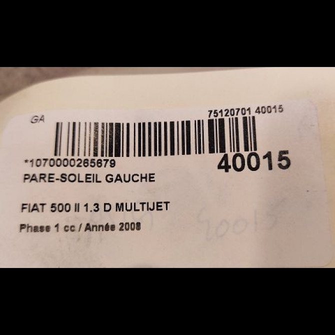 Pare-soleil gauche occasion FIAT 500 II 500 II Phase 1 2007-07-01->2016-03-31 1.3 D MULTIJET 16v 75ch 735643362 3