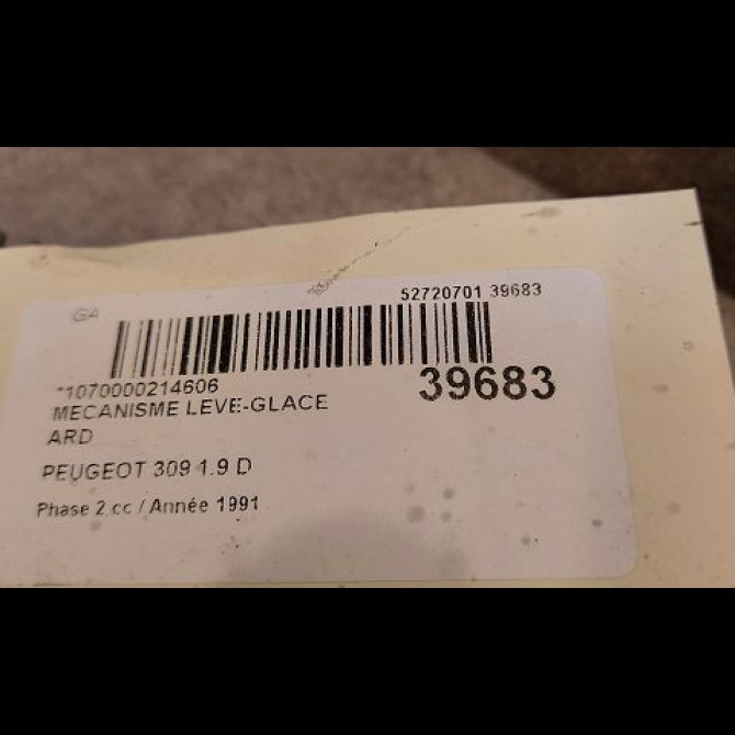 Mecanisme leve-glace arrière droit occasion PEUGEOT 309 Phase 2 07-1989->12-1993 1.9 D 2