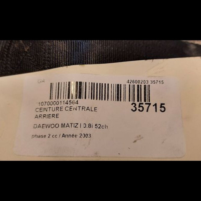Ceinture centrale arriere occasion DAEWOO MATIZ I phase 2 01-2001->12-2004 0.8i 52ch 96568841 2