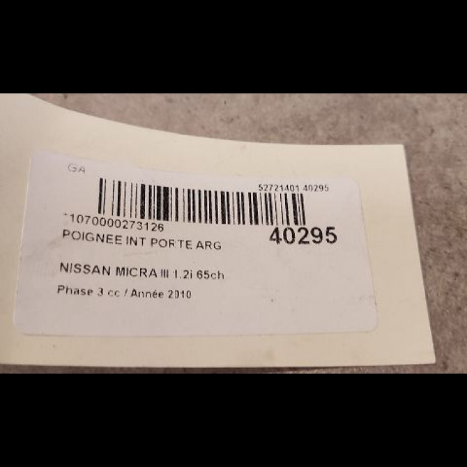 Poignee int porte arg occasion NISSAN MICRA III Phase 3 11-2007->11-2010 1.2i 65ch 3