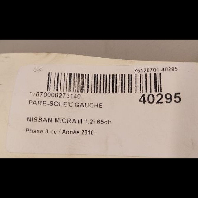 Pare-soleil gauche occasion NISSAN MICRA III Phase 3 11-2007->11-2010 1.2i 65ch 3