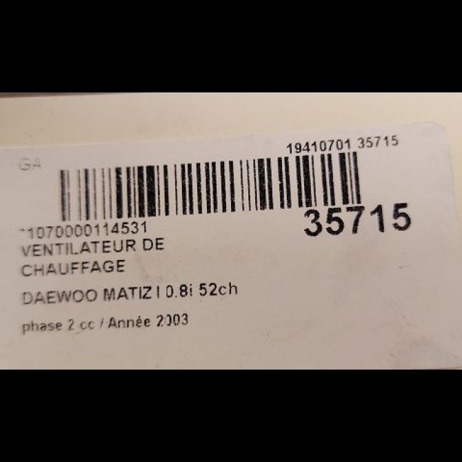 Ventilateur de chauffage occasion DAEWOO MATIZ I phase 2 01-2001->12-2004 0.8i 52ch 96279352 3
