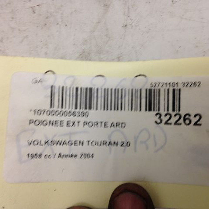 Poignee ext porte ard occasion VOLKSWAGEN TOURAN I Phase 1 03-2003->12-2006 7H0837205DGRU 3