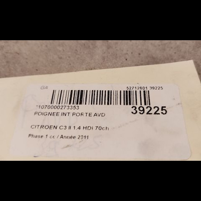 Poignee int porte avd occasion CITROEN C3 II Phase 1 11-2009->02-2013 1.4 HDi 70ch 9144F9 2