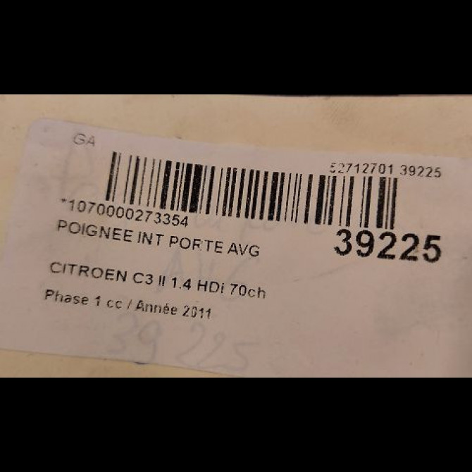 Poignee int porte avg occasion CITROEN C3 II Phase 1 11-2009->02-2013 1.4 HDi 70ch 9143T1 2
