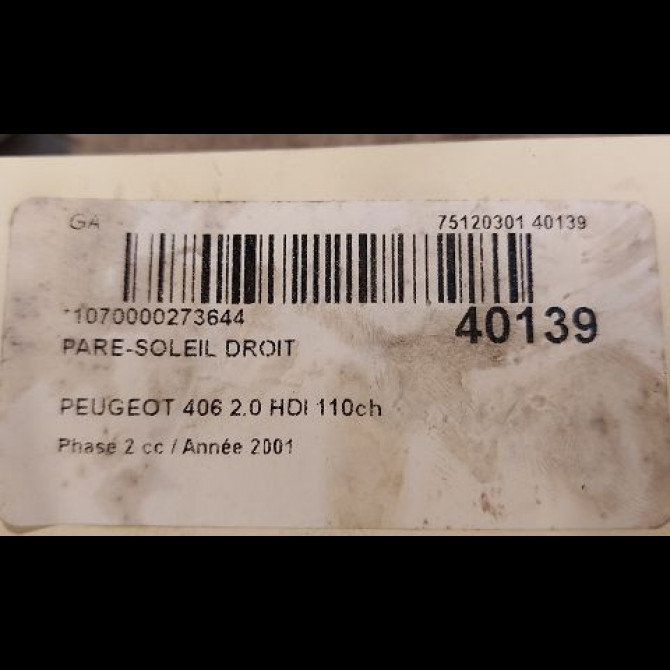 Pare-soleil droit occasion PEUGEOT 406 Phase 2 04-1999->04-2004 2.0 HDI 110ch 8143GH 3