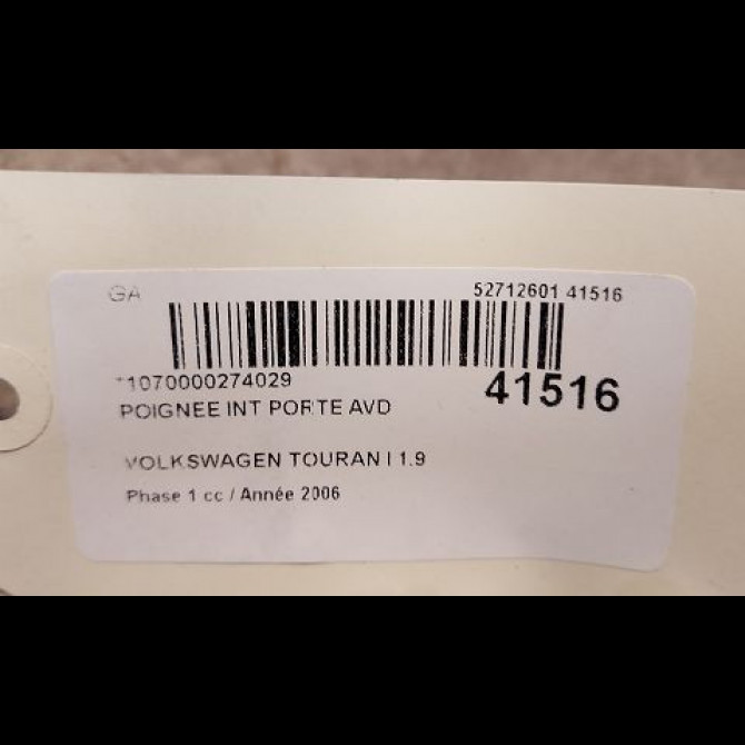 Poignee int porte avd occasion VOLKSWAGEN TOURAN I Phase 1 03-2003->12-2006 1.9 TDI 105ch 1T1837114CRYP 2