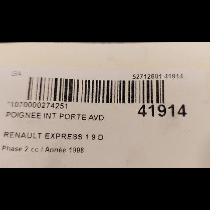 Poignee int porte avd occasion RENAULT EXPRESS Phase 2 09-1994->09-1997 1.9 D 55ch 7700758067 3
