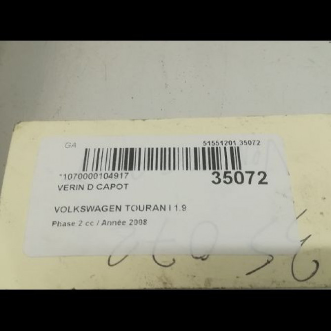 Verin d capot occasion VOLKSWAGEN TOURAN I Phase 2 11-2006->09-2010 1.9 TDI 105ch 2