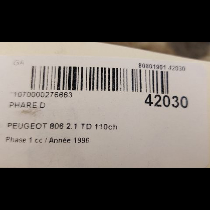 Phare droit occasion PEUGEOT 806 Phase 1 06-1994->12-2001 2.1 TD 110ch 6205G8 3