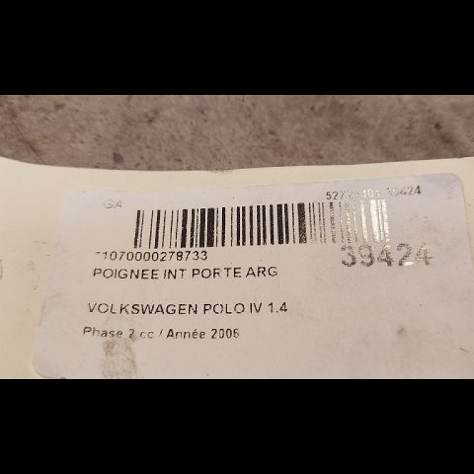 Poignee int porte arg occasion VOLKSWAGEN POLO IV Phase 2 05-2005->09-2009 1.4 TDI 70ch 3