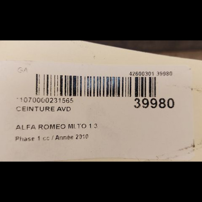 Ceinture avant droite occasion ALFA ROMEO MI.TO MI.TO Phase 1 2008-09-01->2016-12-31 1.3 JTDM 95ch 156098997 5