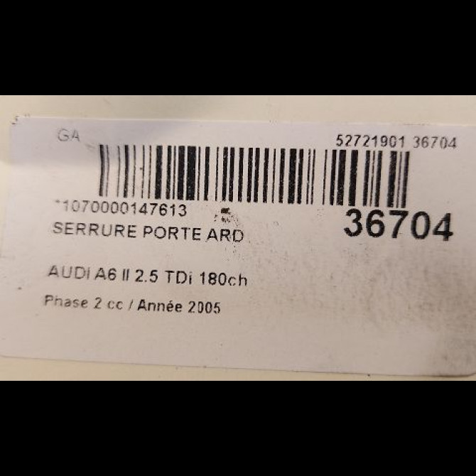 Serrure porte ard occasion AUDI A6 II Phase 2 07-2001->05-2004 2.5 TDi 180ch 3