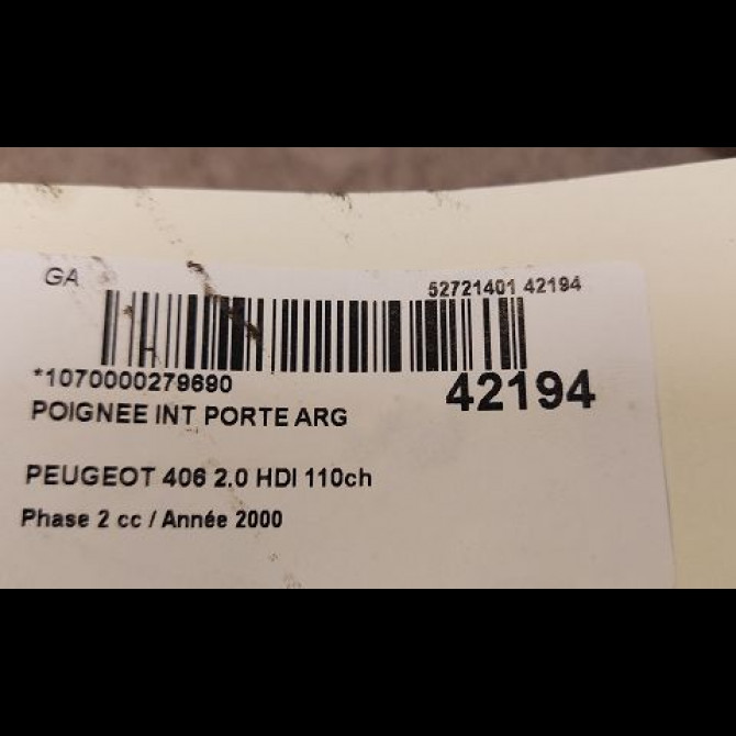 Poignee int porte arg occasion PEUGEOT 406 Phase 2 04-1999->04-2004 2.0 HDI 110ch 3
