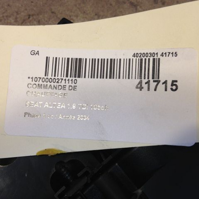 Commande de chauffage occasion SEAT ALTEA Phase 1 04-2004->05-2009 1.9 TDI 105ch 5P0820047K1MM 3