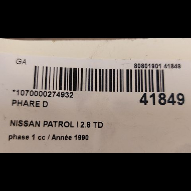 Phare droit occasion NISSAN PATROL I phase 1 07-1989->02-2000 2.8 TD 115ch 3