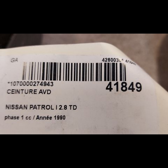 Ceinture avant droite occasion NISSAN PATROL I phase 1 07-1989->02-2000 2.8 TD 115ch 4