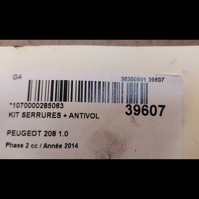 Kit serrures + antivol occasion PEUGEOT 208 Phase 2 04-2015->... 1.0 PURETECH 68ch 2