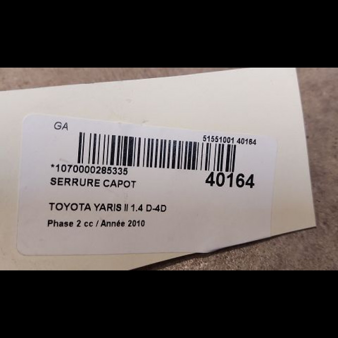 Serrure capot occasion TOYOTA YARIS II Phase 2 01-2009->05-2011 1.4 D-4D 90ch 535100D120 3