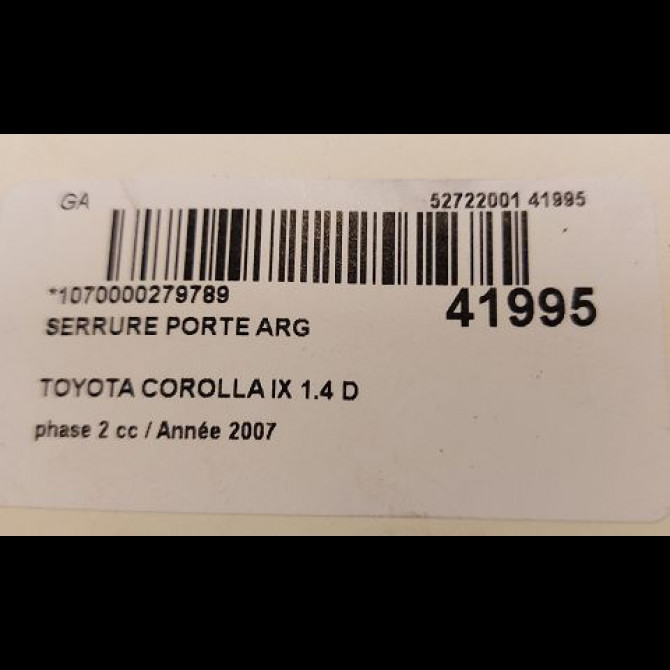 Serrure porte arg occasion TOYOTA COROLLA IX phase 2 07-2004->08-2007 1.4 D 90ch 6934002081 4