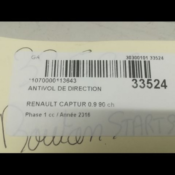 Antivol de direction occasion RENAULT CAPTUR Phase 1 02-2013->... 0.9 90 ch 3