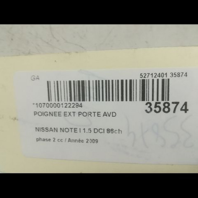 Poignee ext porte avd occasion NISSAN NOTE I phase 2 03-2009->02-2014 1.5 DCI 86ch 80640AX62C 3