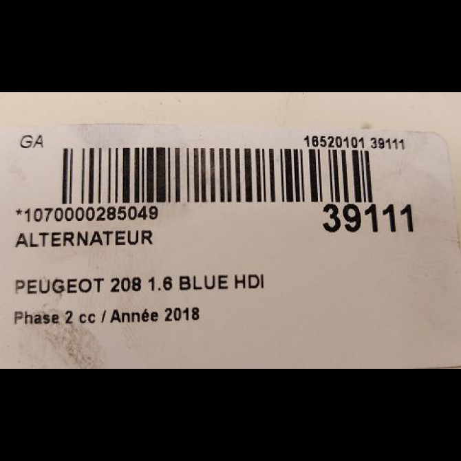 Alternateur occasion PEUGEOT 208 Phase 2 04-2015->... 1.6 BLUE HDI 75ch 4