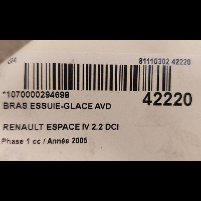 Bras essuie-glace avant droit occasion RENAULT ESPACE IV Phase 1 09-2002->03-2006 2.2 DCI 150ch 7701053311 2