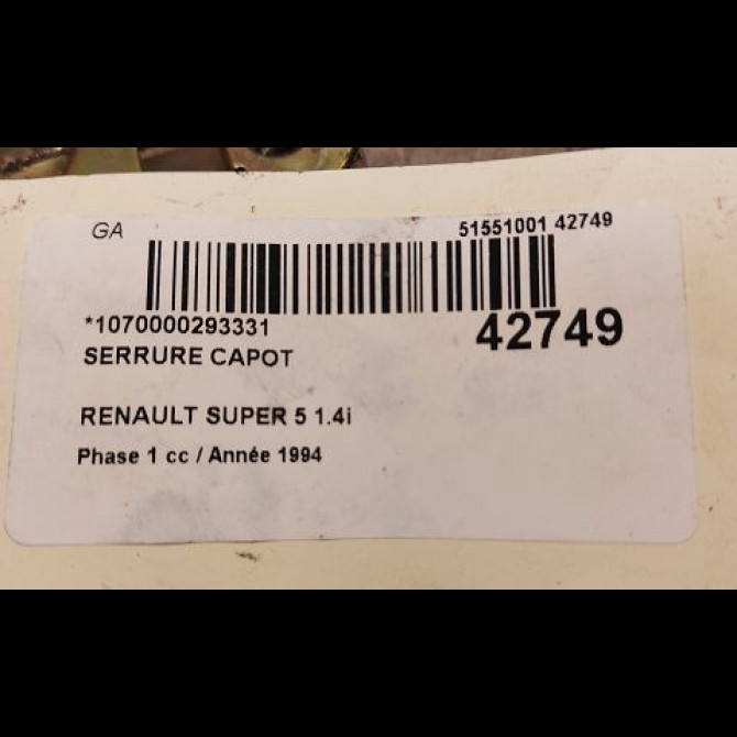 Serrure capot occasion RENAULT SUPER 5 Phase 1 10-1984->12-1996 1.4i 3