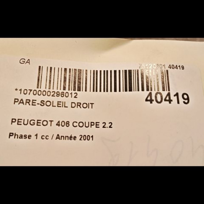 Pare-soleil droit occasion PEUGEOT 406 COUPE Phase 1 05-1997->12-2004 2.2 HDI 133ch 8143T4 3