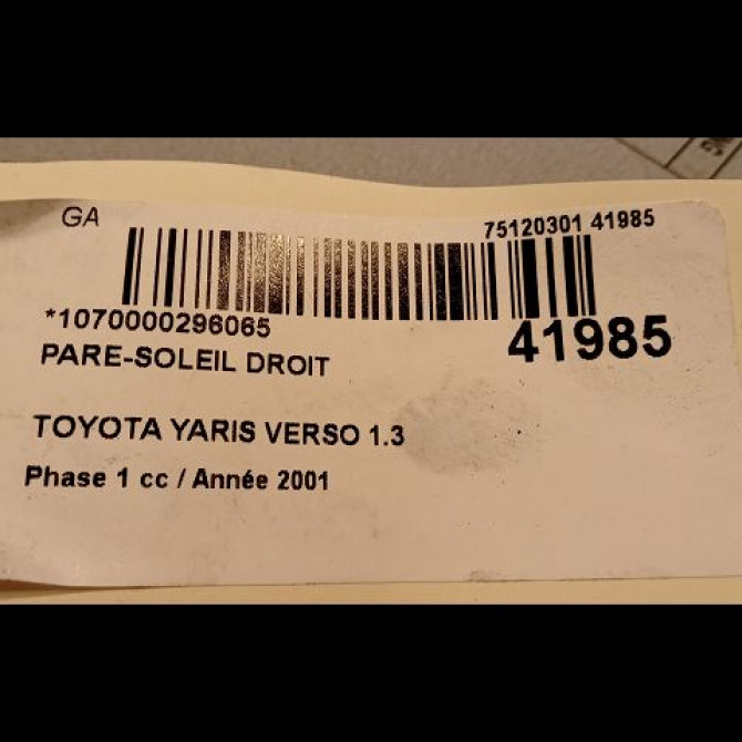 Pare-soleil droit occasion TOYOTA YARIS VERSO Phase 1 11-1999->03-2003 1.3 7431052090B0 3
