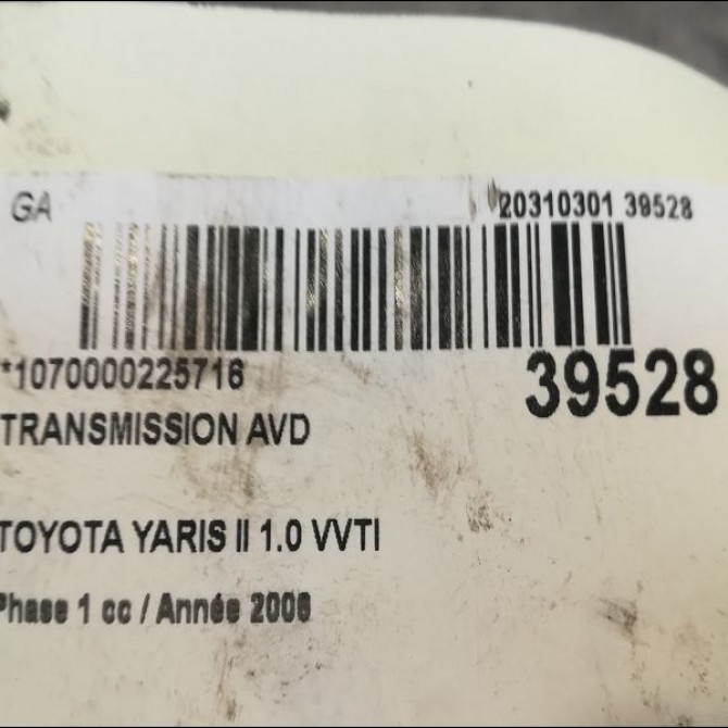 Transmission avant droite occasion TOYOTA YARIS II Phase 1 12-2005->11-2009 1.0 VVTI 434100D160 4