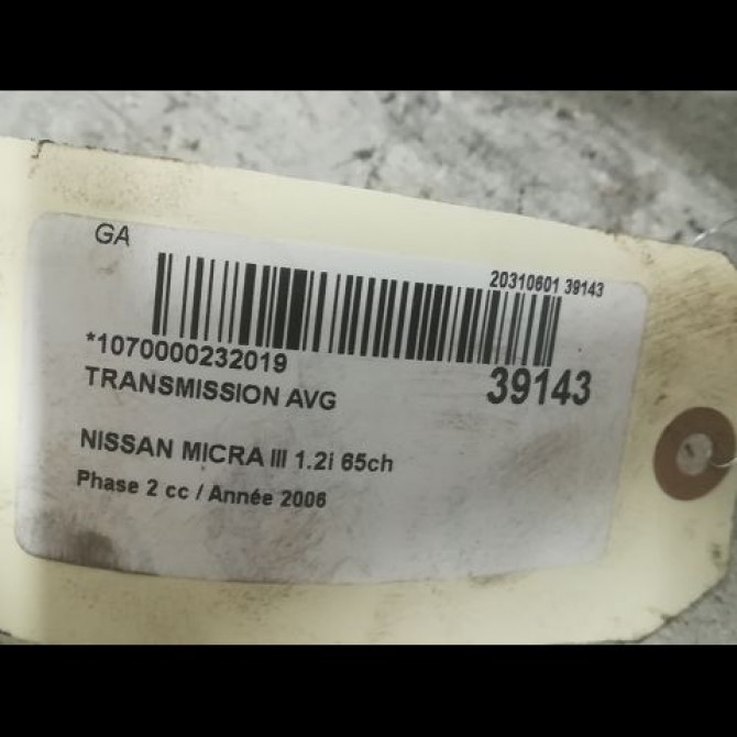 Transmission avant gauche occasion NISSAN MICRA III Phase 2 11-2005->11-2007 1.2i 65ch 39101AY100 4
