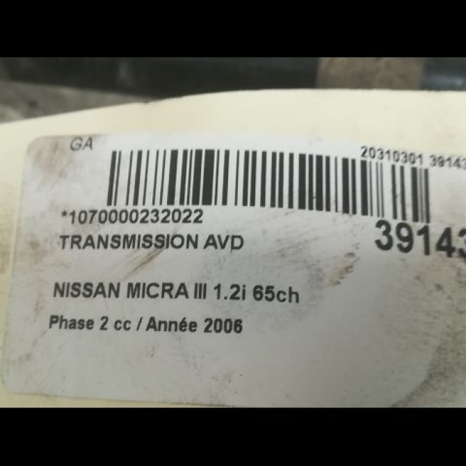 Transmission avant droite occasion NISSAN MICRA III Phase 2 11-2005->11-2007 1.2i 65ch 39100AY10A 4